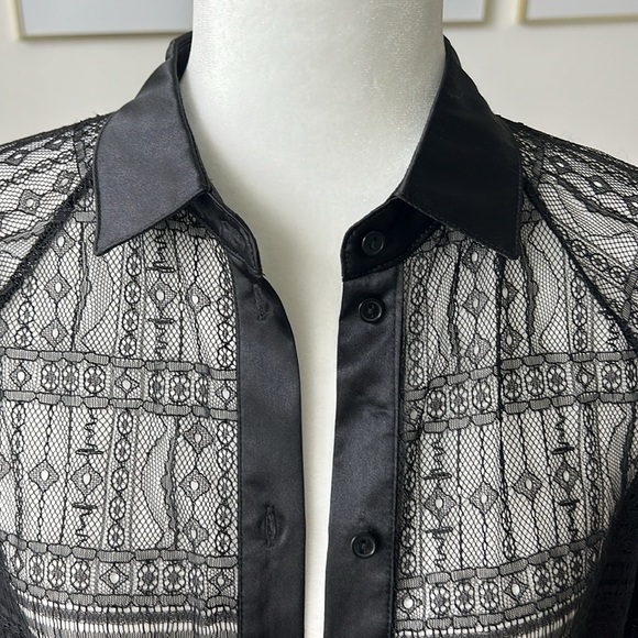 New Jason Wu Black Lace Satin Trim Raglan Sleeve Button Down Overshirt Blouse - Picture 4 of 16